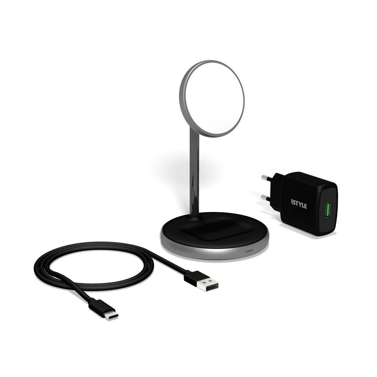 iSTYLE 2-in-1 Wireless Magnetic Charger (MagSafe compatible) + 18W QC Adapter, Space gray