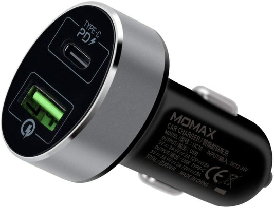 UC10D|MOMAX DUAL-PORT USB WITH TYPE-C PD+QC3.0 FAST CAR CHARGER 38W BLACK