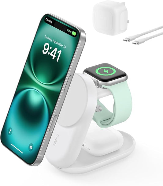BELKIN - WIRELESS CHARGER - 25W - ULTRACHARGE - 3 IN 1 - QI2 - MAGNETIC FOLDABLE- UK - ROUND FORM - WHITE