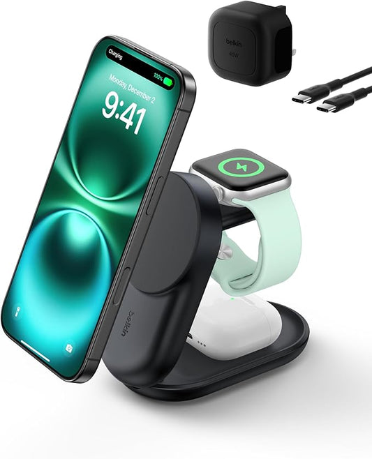 BELKIN - WIRELESS CHARGER - 25W - ULTRACHARGE - 3 IN 1 - QI2 - MAGNETIC FOLDABLE - UK - ROUND FORM - BLACK