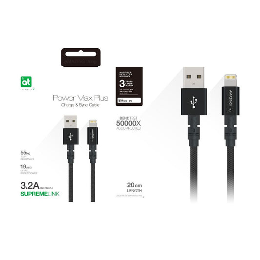 كابل AT POWER MAX+ لايتنينج إلى USB-A بطول 0.20 متر باللون الأسود