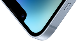 الزاوية العلوية اليسرى من iPhone 14 مع درع سيراميكي أمامي.