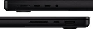عرض المنافذ على MacBook Pro — الجانب الأيسر: MagSafe، منفذي Thunderbolt، ومنفذ سماعة الرأس — الجانب الأيمن: SDXC، منفذ Thunderbolt واحد، و HDMI