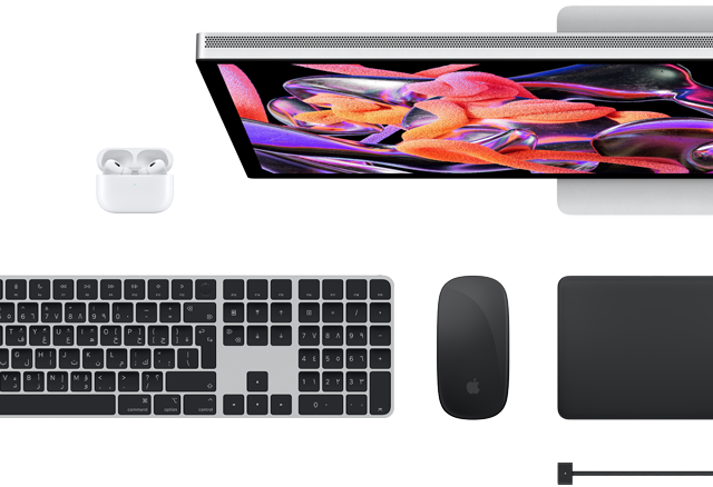 ملحقات Mac: Airpods، Studio Display، Magic Keyboard، Magic Mouse، Magic Trackpad، كابل شحن MagSafe باللون الأسود الفضائي