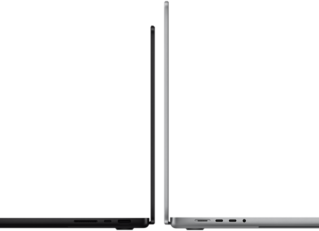 جهازي MacBook Pro مقاس 14 و16 بوصة جنبًا إلى جنب، يظهران فرق الحجم ويبرزان الملف النحيف