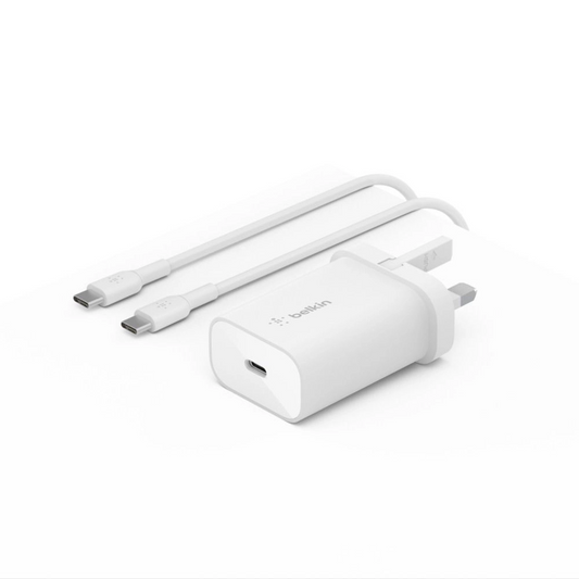 شاحن حائط بلكين USB-C PD 3.0 PPS بقوة 25 واط + كابل USB-C - أبيض