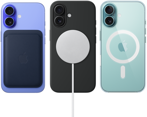 ثلاثة أجهزة iPhone 16، الظهر الخارجي، مع ملحقات MagSafe المرفقة: محفظة iPhone FineWoven MagSafe، شاحن MagSafe مع غطاء سيليكون، وغطاء iPhone Clear MagSafe