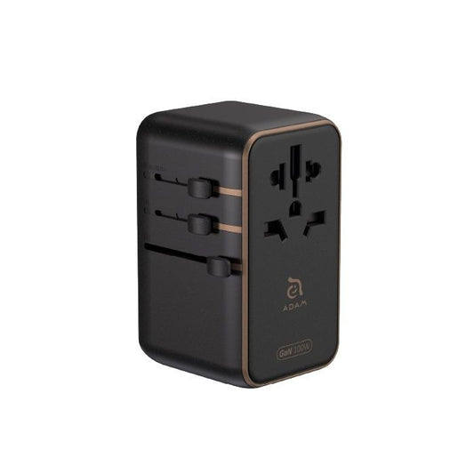 محول سفر عالمي T100L بقوة 100 وات من Adam elements مع كابل USB-C مدمج باللون الأسود