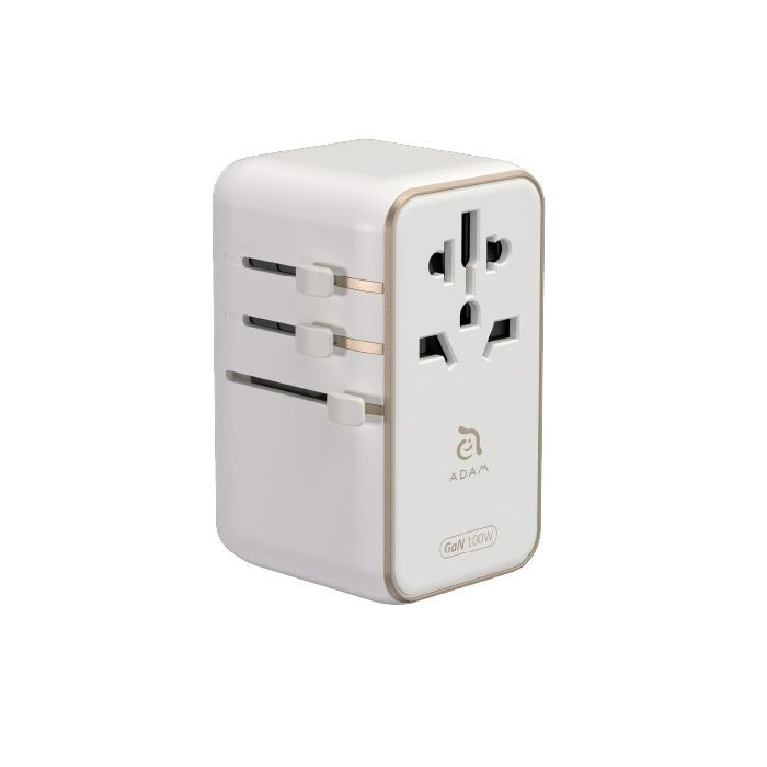 محول سفر عالمي T100L بقوة 100 وات من Adam elements مع كابل USB-C مدمج باللون الأبيض