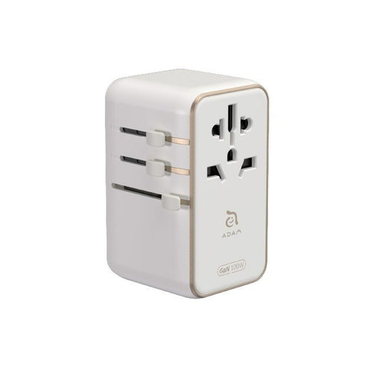 محول سفر عالمي T100L بقوة 100 وات من Adam elements مع كابل USB-C مدمج باللون الأبيض