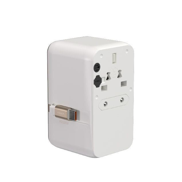 محول سفر عالمي T100L بقوة 100 وات من Adam elements مع كابل USB-C مدمج باللون الأبيض