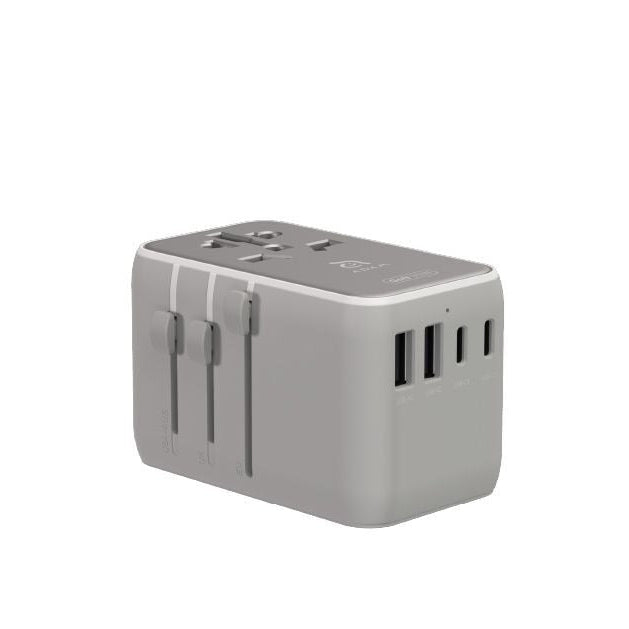 محول سفر عالمي T35L بقوة 35 وات من Adam Elements مع كابل USB-C مدمج باللون الفضي
