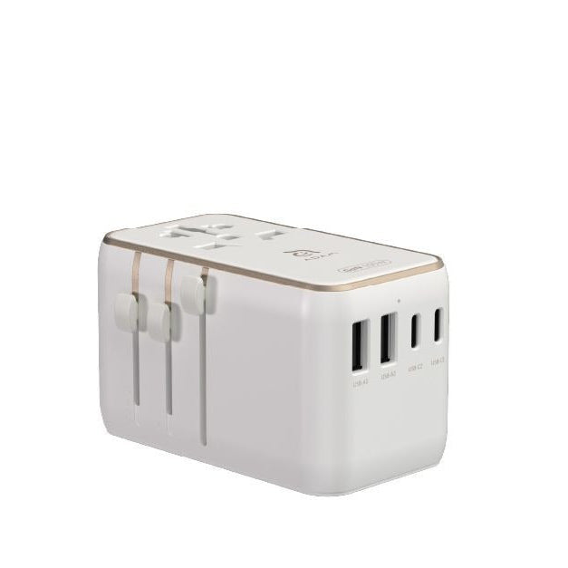 محول سفر عالمي T100L بقوة 100 وات من Adam elements مع كابل USB-C مدمج باللون الأبيض