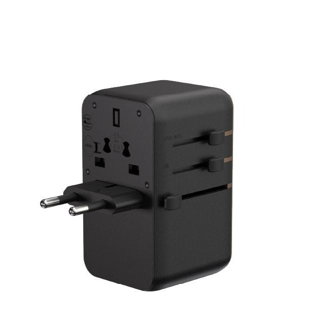 محول سفر عالمي T100L بقوة 100 وات من Adam elements مع كابل USB-C مدمج باللون الأسود