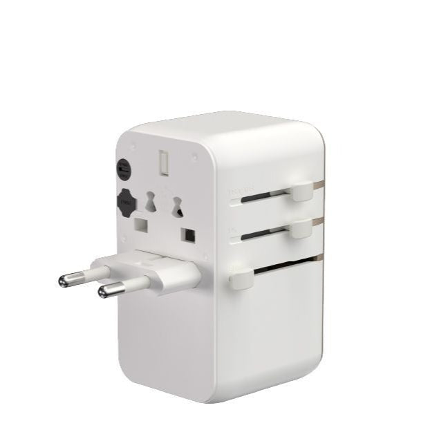 محول سفر عالمي T100L بقوة 100 وات من Adam elements مع كابل USB-C مدمج باللون الأبيض