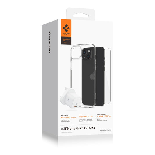 Accessory bundle for iPhone 15 Plus 6.7-inch (Clear case+ Glass Screen protector + 27W type C wall charger)