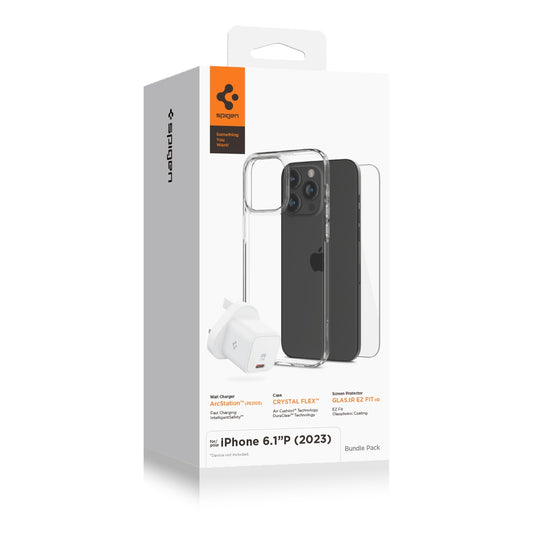 Accessory bundle for iPhone 15 Pro 6.1-inch (Clear case+ Glass Screen protector + 27W type C wall charger)