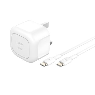 BELKIN - WALL CHARGER - 30W - PVC USB-C + USB-C CABLE 1M - UK PLUG - WHITE