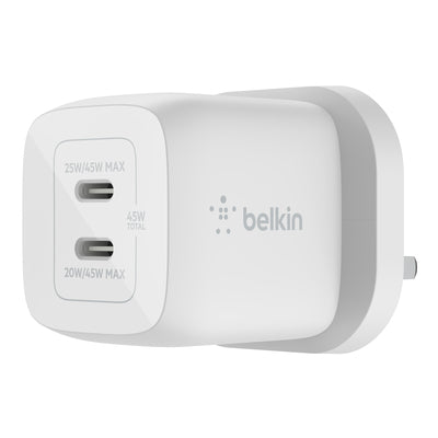 Belkin - Wall Charger - 45W Dual Usb-C Gan With Pps - C1=45 - C1+C2=25+20 - White
