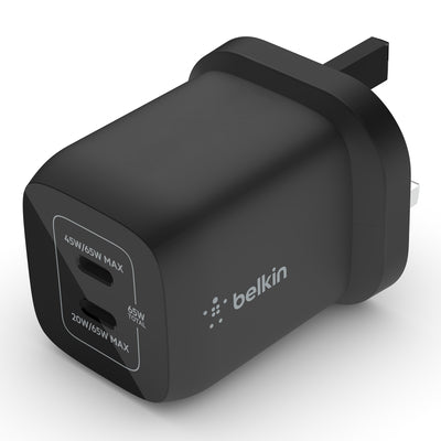 Belkin - Wall Charger - 65W Dual Usb-C Gan Pd with Pps - C1/C2=65 - C1+C2=45+20 - Black
