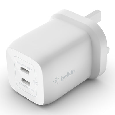 Belkin - 65W Dual Usb-C Gan Pd Wall Charger With Pps - C1/C2=65 - C1+C2=45+20 - White