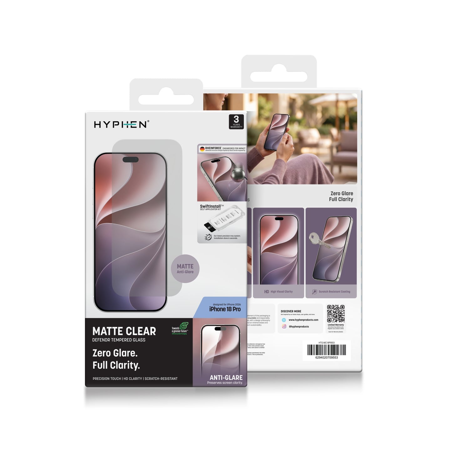 HYPHEN DEFENDR Matte Clear Tempered Glass with Applicator - iPhone 18 Pro - 6.3"
