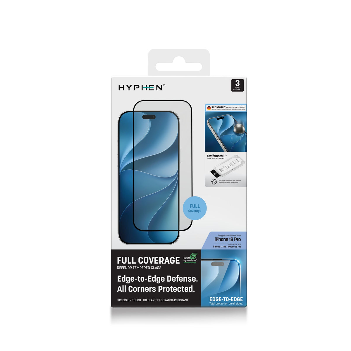 HYPHEN DEFENDR Full Coverage Tempered Glass with Applicator - iPhone 18 Pro - 6.3"