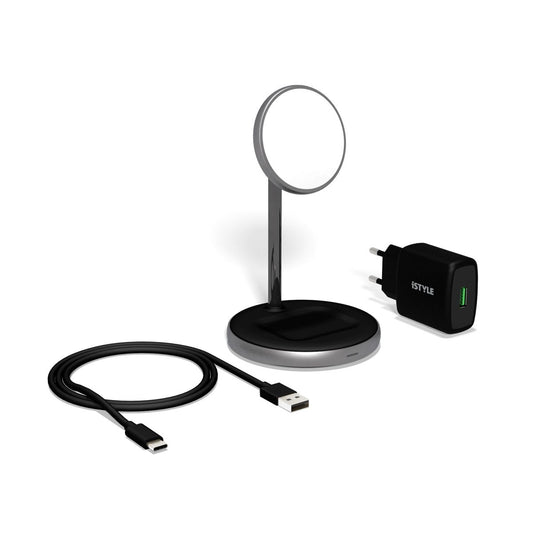 iSTYLE 2-in-1 Wireless Magnetic Charger (MagSafe compatible) + 18W QC Adapter, Space gray