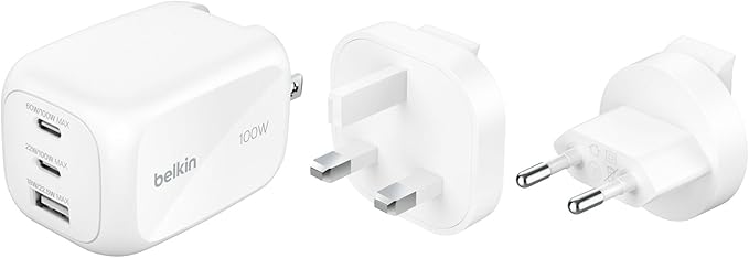 BELKIN - WALL CHARGER - 100W - GAN  BOOSTCHARGE PRO - 3-PORT (TRAVEL TIPS) - 2X USBC 1XUSBA - WHITE