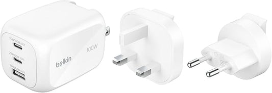 BELKIN - WALL CHARGER - 100W - GAN  BOOSTCHARGE PRO - 3-PORT (TRAVEL TIPS) - 2X USBC 1XUSBA - WHITE