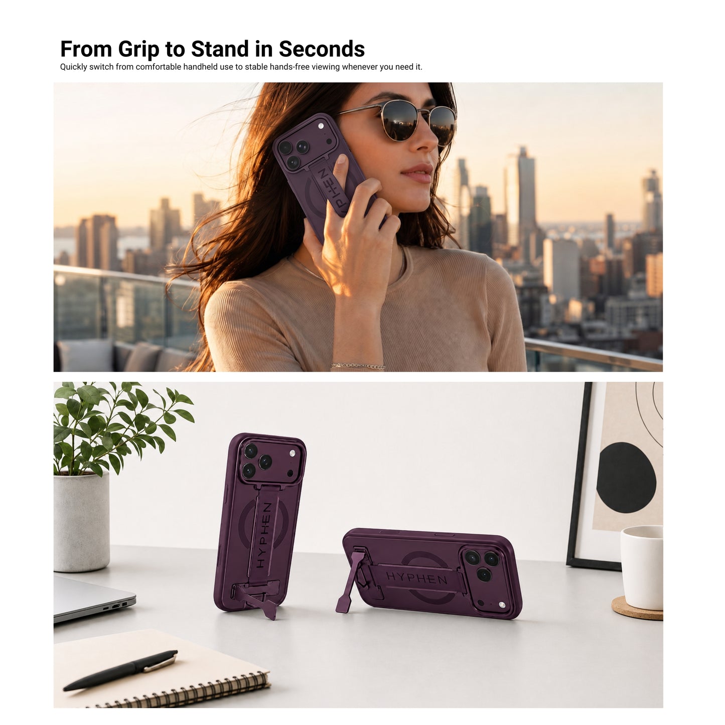 HYPHEN FLEXFIT Grip & Stand Magsafe Case - Plum - iPhone 18 Pro - 6.3"