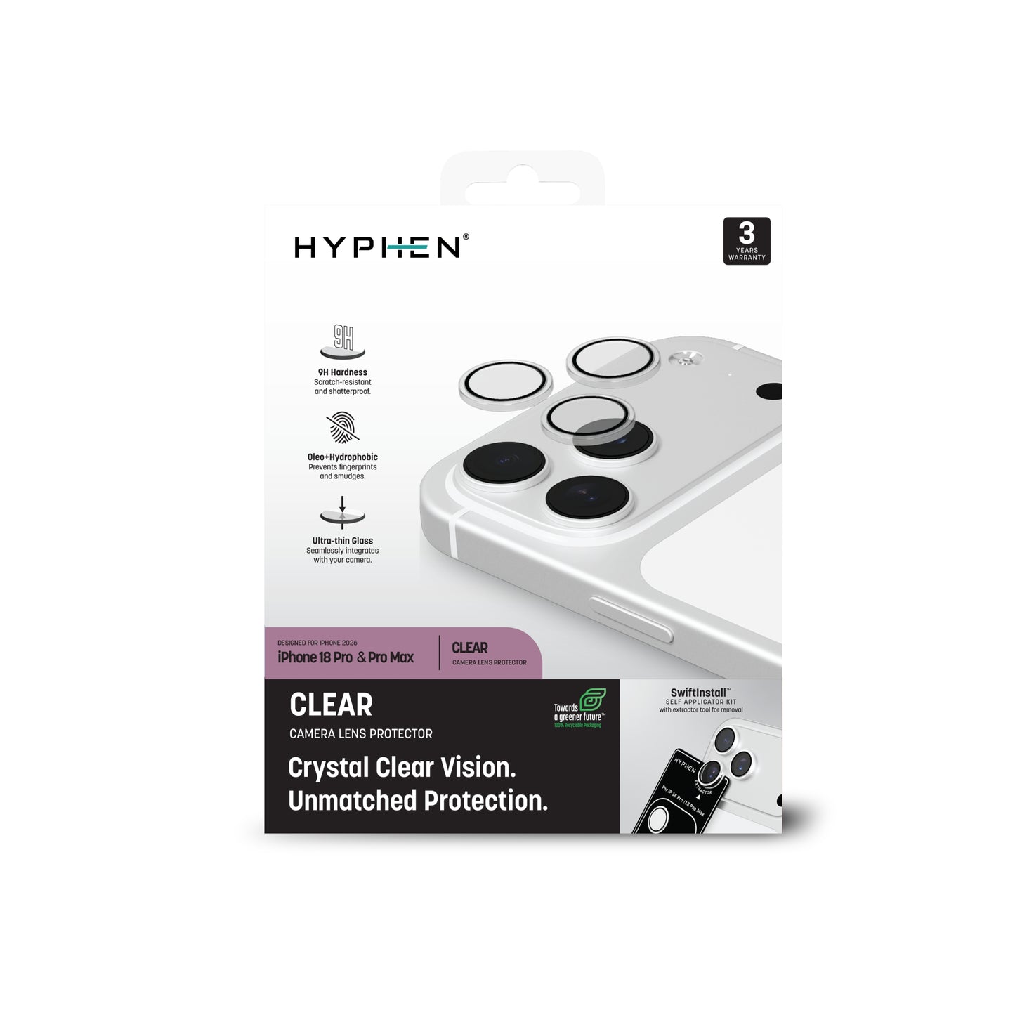 HYPHEN Camera Lens Protector, Clear, iPhone 18 Pro | 18 Pro Max with Self Installation Board