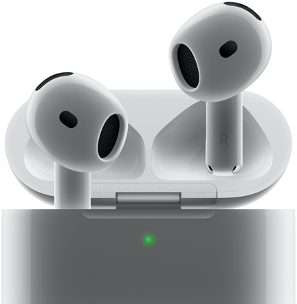 AirPods 4 معروضة تطفو خارج العلبة، والعلبة بها ضوء أخضر