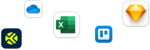 رموز تطبيقات متنوعة في ترتيب مبعثر، بما في ذلك Daylite وTrello وMicrosoft Excel وTrueContext وSketch وMicrosoft OneDrive