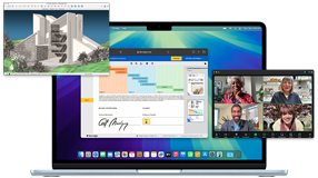 تُظهر عدة شاشات سهولة تشغيل تطبيقات متعددة في وقت واحد، بما في ذلك صفحات ويب في Safari، ومكالمة فيديو في Zoom، وملف في SketchUp، على MacBook Air