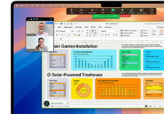 الرسوم البيانية والمخططات ومكالمة الفيديو مفتوحة ونشطة على MacBook Pro بحجم 16 بوصة لتوضيح توافق macOS مع Microsoft Excel وZoom