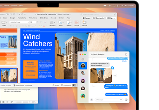 من تطبيق الرسائل، يتم إدراج صورة في تقرير Microsoft Word مفتوح على MacBook Air بحجم 13 بوصة لتوضيح التصميم البديهي لـ Mac وتشابهه مع iPhone