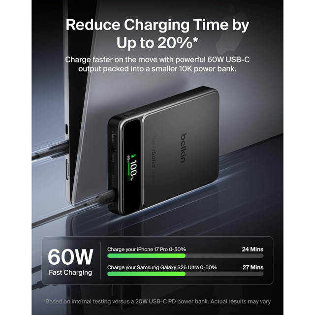 Belkin  Powerbank  10K  60W  Semi Solid State  Slim With Display  Black Metallic