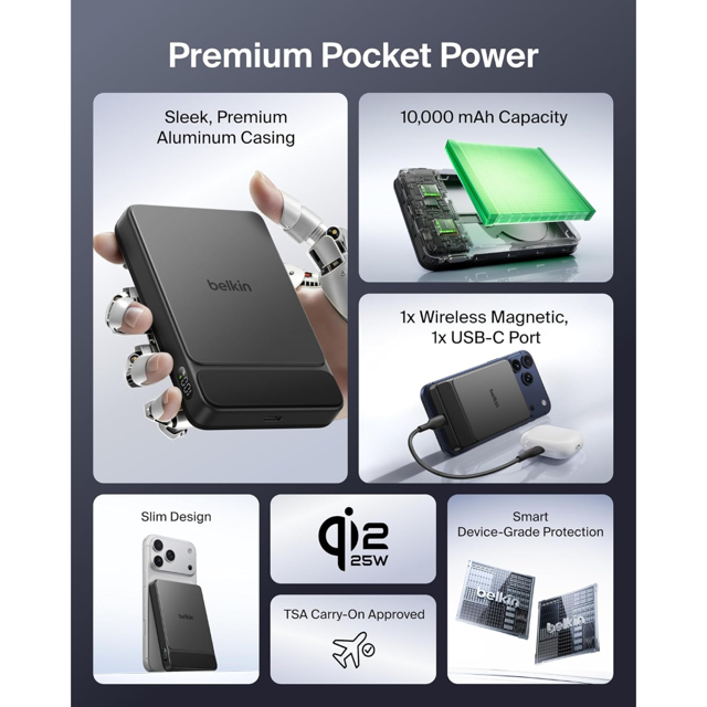 Belkin  Powerbank  10K  25W  Semi Solid State  Slim Magnetic W/ Display  30W Usb C Port  Black