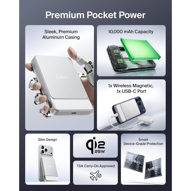 Belkin  Powerbank  10K  25W  Semi Solid State  Slim Magnetic W/ Display  30W Usb C Port  White