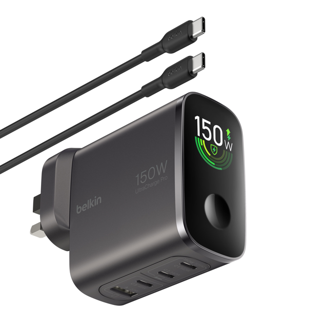 Belkin  Wall Charger  150W  Gan  Ultracharge  W/ Digital Screen  3X Usbc 1Xusba  Black