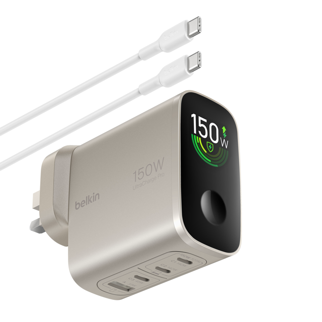 Belkin  Wall Charger  150W  Gan  Ultracharge  W/ Digital Screen  3X Usbc 1Xusba  White