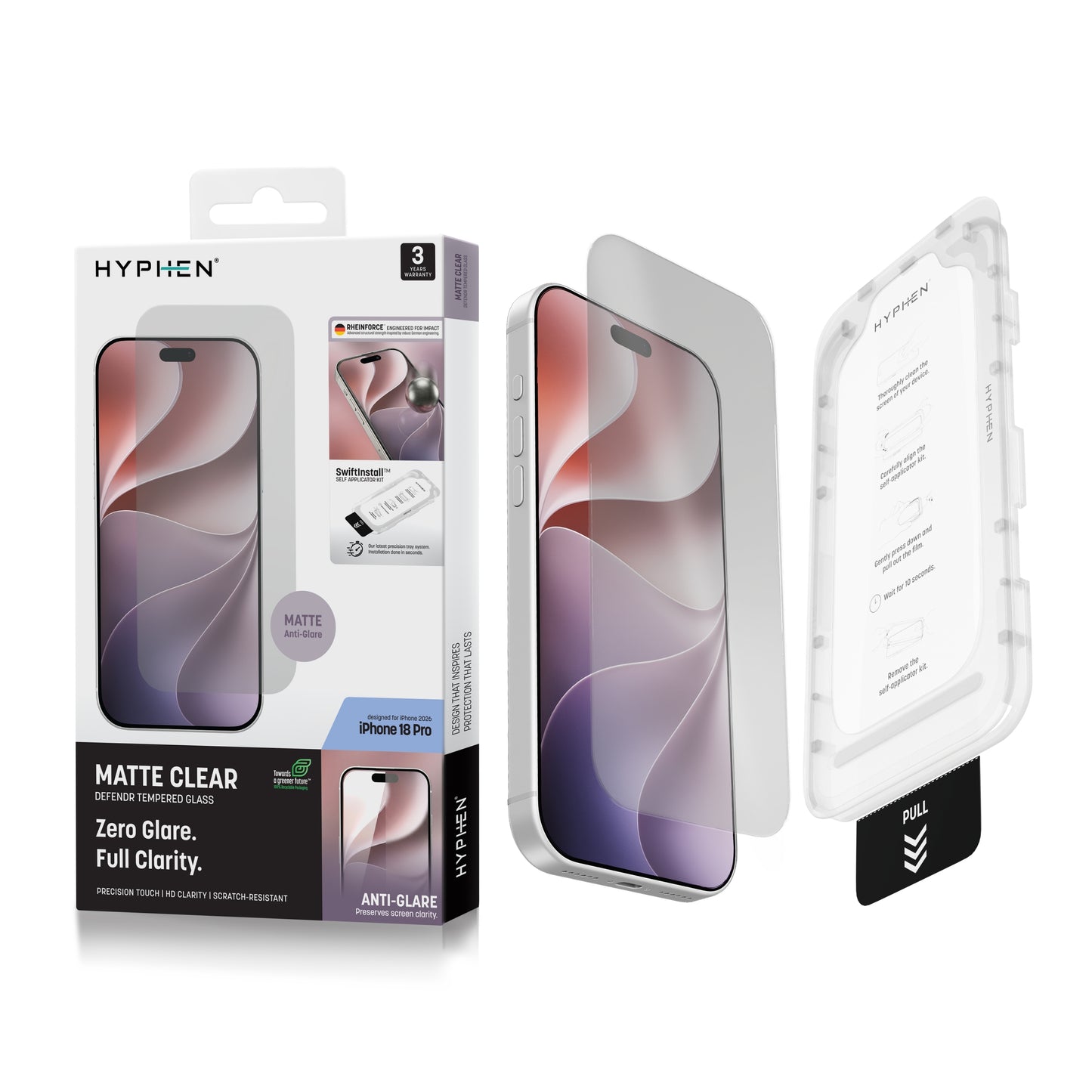 HYPHEN DEFENDR Matte Clear Tempered Glass with Applicator - iPhone 18 Pro - 6.3"