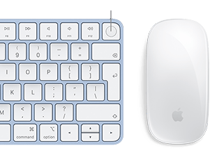 لقطة مقربة للوحة مفاتيح Magic Mouse ولوحة مفاتيح Magic المتطابقة في اللون، مع تركيز على بصمة Touch ID