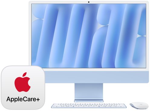 AppleCare+ badge_river, with front-facing iMac and matching Magic Keyboard and Magic Mouse accessories