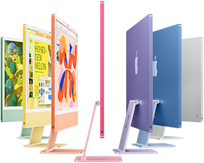 iMac Brilliant. عرض لأجهزة iMac بالألوان الأخضر والأصفر والبرتقالي والوردي والبنفسجي والأزرق والفضي