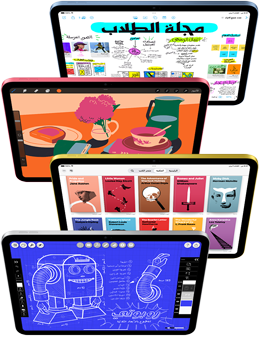 شاشات iPad الأمامية تعرض مجموعة متنوعة من تطبيقات Apple وتطبيقات App Store