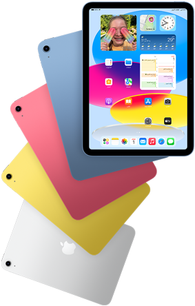 عرض أمامي لـ iPad يظهر الشاشة الرئيسية، وخلفه أربعة نماذج iPad خلفية باللون الأزرق، الوردي، الأصفر، والفضي