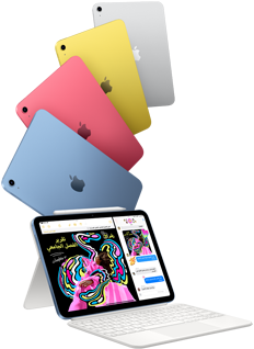 iPad باللون الأزرق والوردي والأصفر والفضي وiPad متصل بلوحة مفاتيح Magic Keyboard Folio مع Apple Pencil