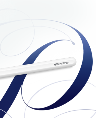 Apple Pencil Pro مستلقٍ بجانب تصاميم مرسومة باليد تعرض ميزاته المتقدمة للإبداع